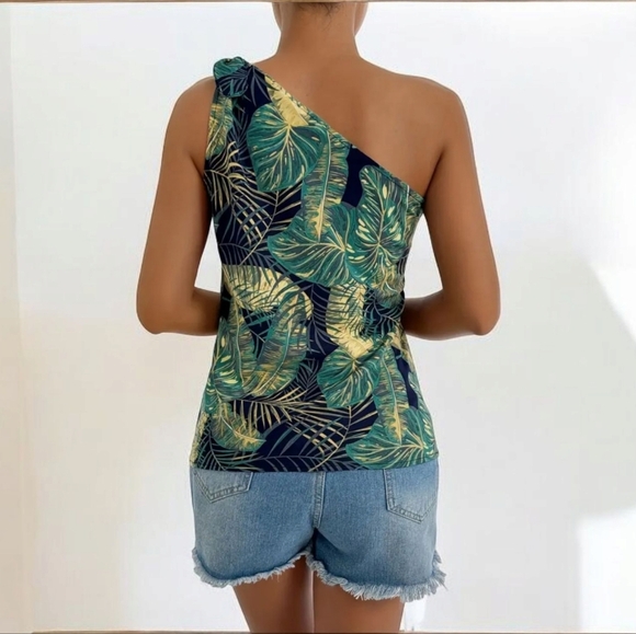 New! One-Shoulder Leaf Print Blouse – Sleeveless Vacation Top Sz Xlarge - Picture 5 of 7